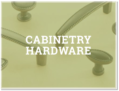 Image of cabinet knobs and handles, with the text "CABINETRY HARDWARE" overlaying the image in white uppercase font. The background is a light greenish tint.