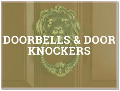 A lion-shaped door knocker mounted on a wooden door, with the text "DOORBELLS & DOOR KNOCKERS" overlaying the image.