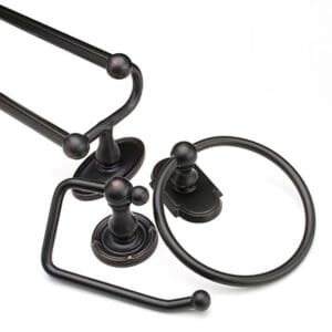 A set of bathroom accessories in black iron.