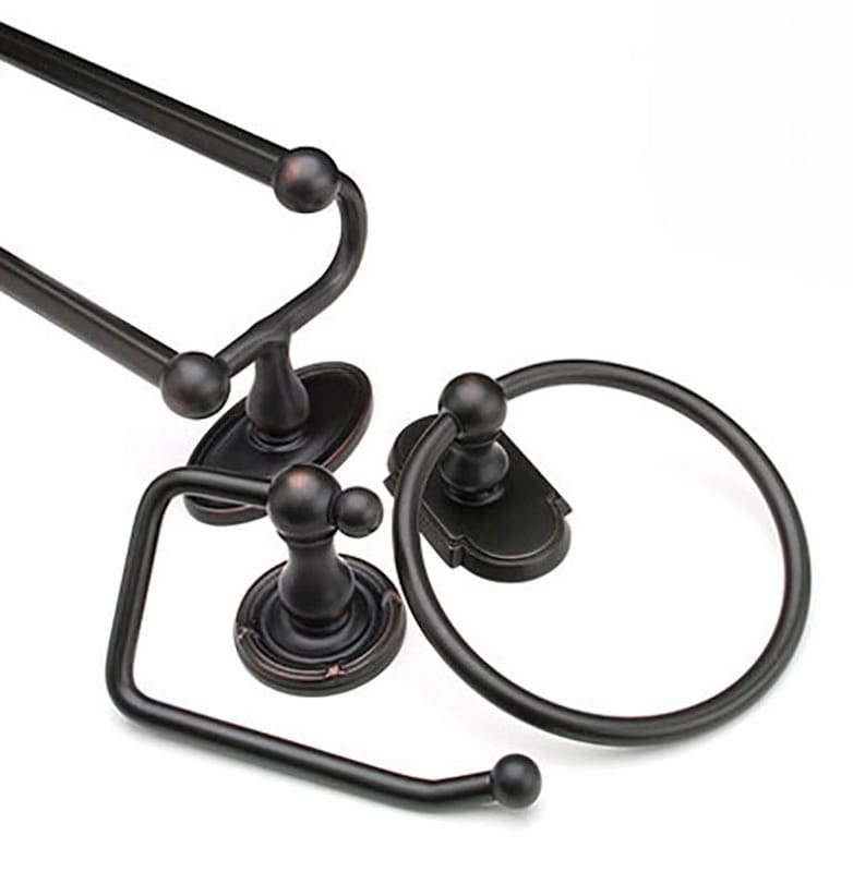 A set of bathroom accessories in black iron.