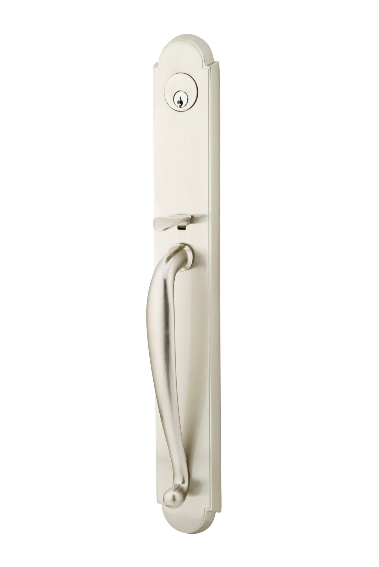 A white door handle with a metal knob.