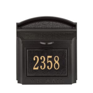 A black mailbox with the number 2 3 5 8 on it.