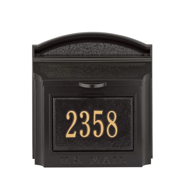 A black mailbox with the number 2 3 5 8 on it.