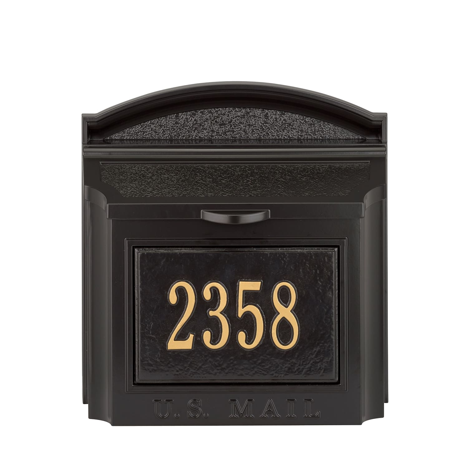 A black mailbox with the number 2 3 5 8 on it.