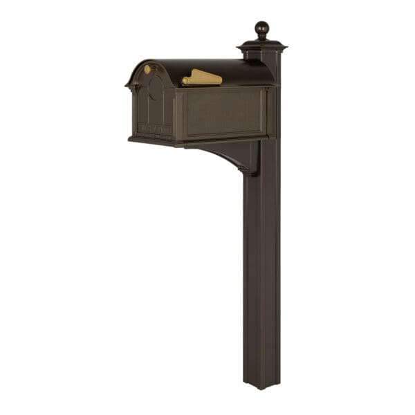 A mailbox with a post and a decorative base.