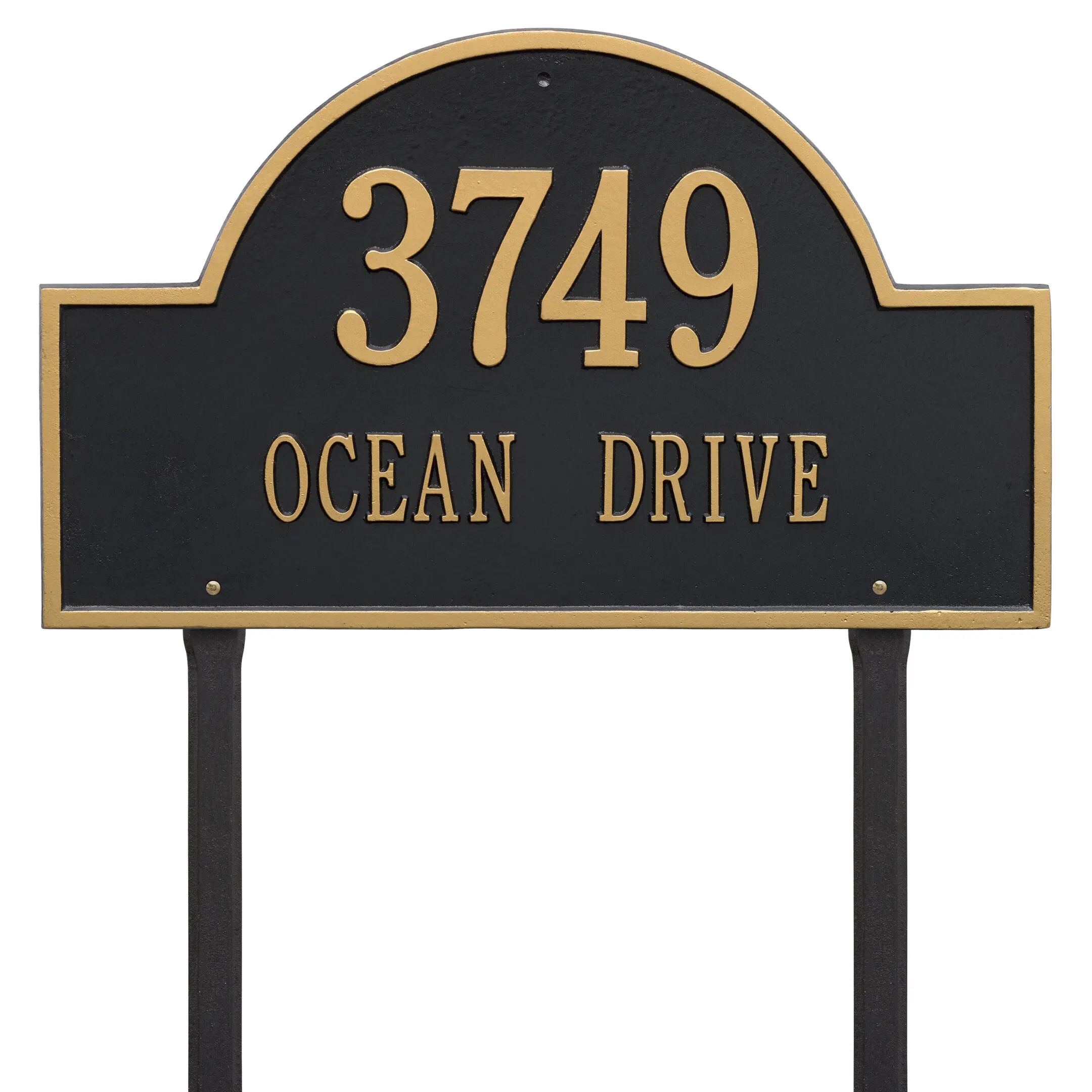 A black and gold sign with the number 3 7 4 9 on it.