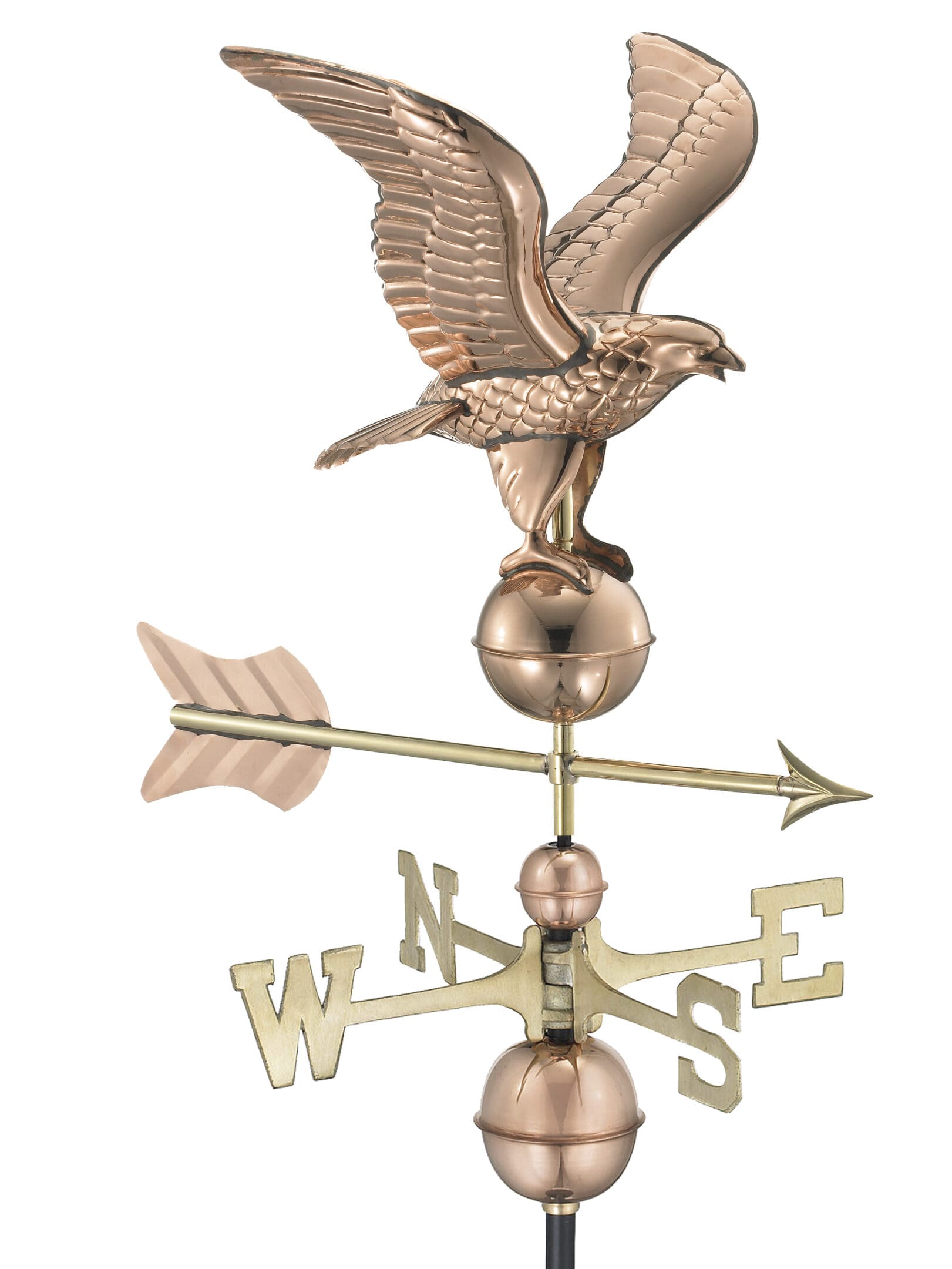 A gold eagle weathervane with brass balls and an arrow.